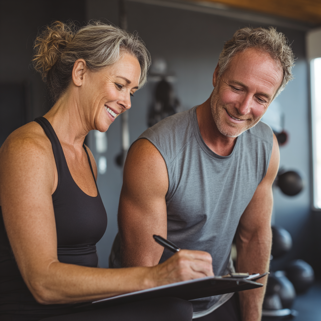 Professional fitness consultation with middle-aged adults discussing personalized workout plans