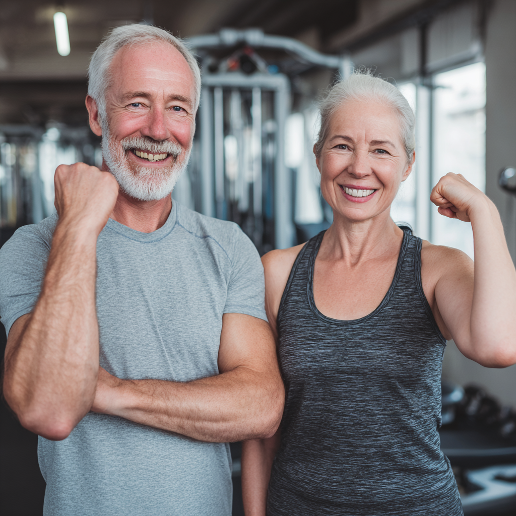 Successful middle-aged adults after completing fitness session showing achievement and health improvement